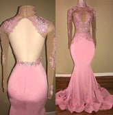 Alluring Pink Mermaid Long Sleeves Backless Elastic Satin Open Front High Neck Prom Dresses
