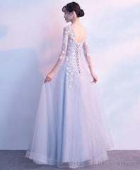 Gray Round Neck Tulle Lace Applique Long Prom Dress Gray Evening Dress