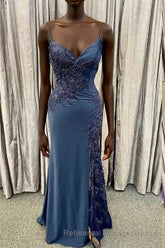 Elegant Navy Blue Long Semi Formal Prom Dress with Lace Appliques