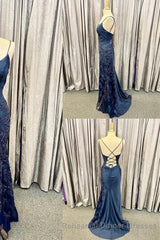 Elegant Navy Blue Long Semi Formal Prom Dress with Lace Appliques