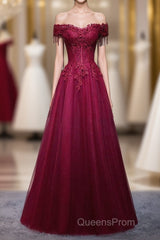 Burgundy Tulle Lace Off Shoulder Long Evening Prom Dress, Burgundy Lace Evening Dress
