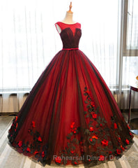 Burgundy Round Neck Tulle Lace Applique Long Semi Formal Prom Dress, Burgundy Evening Dress