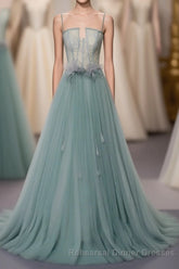 Green A Line Tulle Lace Long Semi Formal Prom Dress, Green Tulle Semi Formal Prom Dress