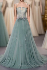 Green A Line Tulle Lace Long Semi Formal Prom Dress, Green Tulle Semi Formal Prom Dress