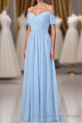 Blue Off the Shoulder Pleated Chiffon Long Bridesmaid Dress