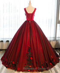 Burgundy Round Neck Tulle Lace Applique Long Semi Formal Prom Dress, Burgundy Evening Dress