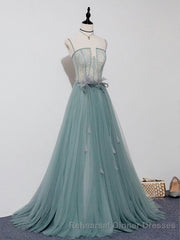 Green A Line Tulle Lace Long Semi Formal Prom Dress, Green Tulle Semi Formal Prom Dress