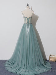 Green A Line Tulle Lace Long Semi Formal Prom Dress, Green Tulle Semi Formal Prom Dress