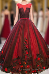 Burgundy Round Neck Tulle Lace Applique Long Semi Formal Prom Dress, Burgundy Evening Dress