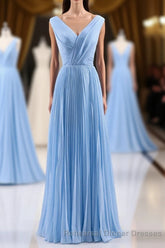 Blue Pleated A-line Chiffon Long Bridesmaid Dress