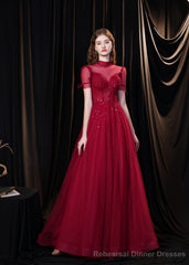 Burgundy Prom Dresses, Tulle High Neck Cap Sleeve Backless Beading Prom Dress