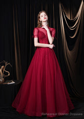 Burgundy Prom Dresses, Tulle High Neck Cap Sleeve Backless Beading Prom Dress