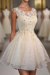 Champagne Lace Round Neck Short Semi Formal Prom Dress, Bridesmaid Dress