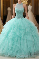 Mint Ball Gown Floor Length Halter Keyhole Back Beading Ruffles Semi Formal Prom Dresses