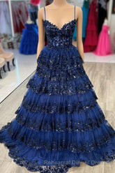 Navy Blue Floral Multi-Layers Sequined Straps Long Semi Formal Prom Dress