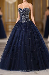 Navy Blue Ball Gown Floor Length Sweetheart Sleeveless Mid Back Semi Formal Prom Dresses