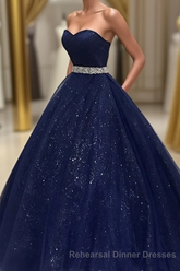 Navy Blue Ball Gown Court Train Sleeveless Mid Back Sparkle Semi Formal Prom Dresses