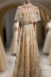 Champagne Tulle Lace Long Semi Formal Dresses, Champagne Formal Dresses, 1