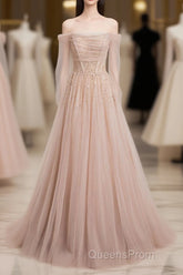 Champagne Pink Tulle Beads Long Evening Prom Dress, Champagne Evening Dress