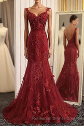 Burgundy Trumpet Sweep Train V Neck Mid Back Appliques Beading Long Semi Formal Prom Dresses