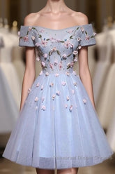 Cute Gray Blue Tulle Short Semi Formal Dresses, Gray Homecoming Dresses