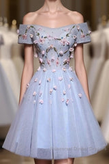 Cute Gray Blue Tulle Short Semi Formal Dresses, Gray Homecoming Dresses