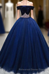 Dark Blue Tulle Off Shoulder Long Semi Formal Prom Dress, Blue Sweet 16 Dress