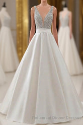 A Line Brush Train Deep V Neck Sleeveless Beading Semi Formal Prom Dresses