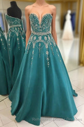 Green A Line Floor Length Sweetheart Sleeveless Beading Semi Formal Prom Dresses