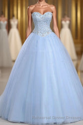 Light Blue Ball Gown Floor Length Sweetheart Strapless Sleevless Beading Semi Formal Prom Dresses