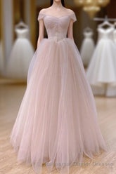 Pink Sweetheart Tulle Beaded Long Party Dress, Pink Tulle Semi Formal Prom Dress Evening Dress
