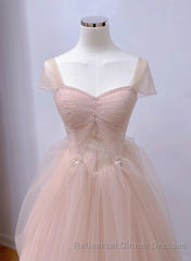 Pink Sweetheart Tulle Beaded Long Party Dress, Pink Tulle Semi Formal Prom Dress Evening Dress