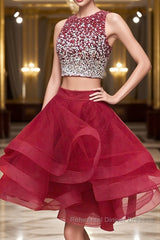 2 Pieces Short Burgundy Semi Formal Prom Dresses, Two Pieces Short Wine Red Beaded Graduation Homecoming Dresses