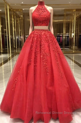 2 Pieces Tulle Lace Semi Formal Prom Dresses, Two Pieces Evening Dresses