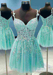 A-line V Neck Sleeveless Short/Mini Lace Prom Dress With Beading