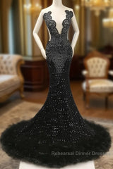 Black Mermaid Semi Formal Prom Dresses with Beaeded and Feathers