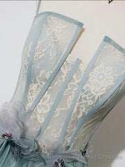 Green A Line Tulle Lace Long Semi Formal Prom Dress, Green Tulle Semi Formal Prom Dress