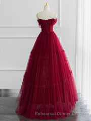 A-line Sweetheart Neck Tulle Burgundy Long Semi Formal Prom Dress, Off Shoulder Burgundy Semi Formal Prom Dress