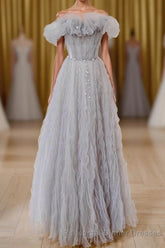 Gray Tulle A Line Off the Shoulder Semi Formal Prom Evening Dresses Long Semi Formal Prom Dresses