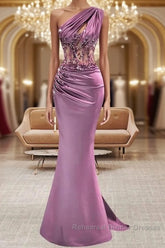 Lilac One Shoulder Mermaid Semi Formal Prom Dresses with Beads