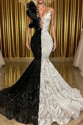 Hot Half Black Half White One shoulder Long Sleeves Mermaid Semi Formal Prom Dresses