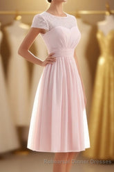 Princess Pink Chiffon and Lace Short Sleeves Bridesmaid Dress