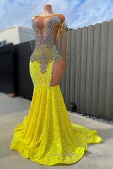 Round neck Silver Beaded Mermaid Yellow Sequin Semi Formal Prom Dresses