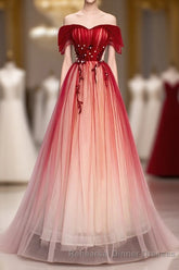 Burgundy Off Shoulder Tulle Long Semi Formal Prom Dress, Burgundy Semi Formal Prom Dress, 1