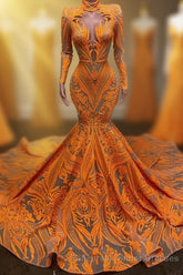 Hot Orange High neck Long Sleeves Mermaid Sequin Semi Formal Prom Dresses