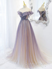 Purple Off Shoulder Tulle Sequin Long Evening Prom Dress, Purple Evening Dress