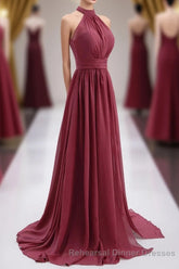 High Neck Burgundy Chiffon A-line Long Bridesmaid Dress