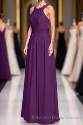 Magenta Chiffon Halter Cutout Back Long Bridesmaid Dress