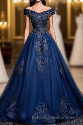 Blue Tulle Lace Off Shoulder Long Semi Formal Prom Dress, Blue Tulle Lace Evening Dress