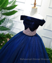 Dark Blue Tulle Off Shoulder Long Semi Formal Prom Dress, Blue Sweet 16 Dress
